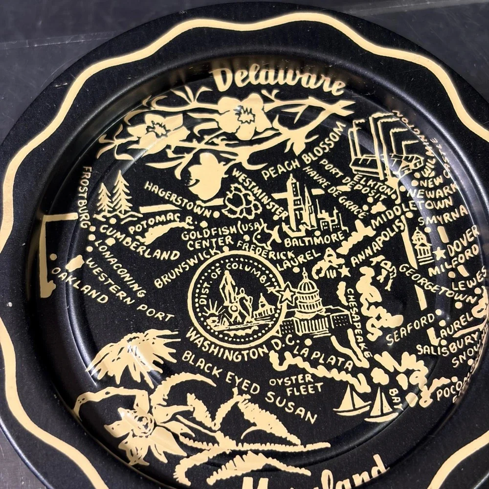 Vintage Maryland Delaware Washington DC Map Metal Coaster Set 6 Piece Black Gold